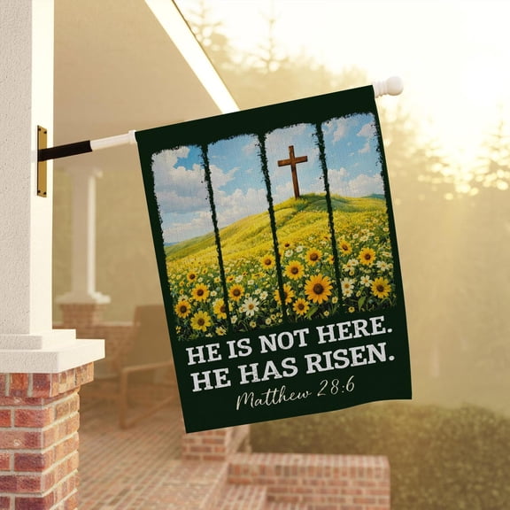 He Is Risen Christian Easter Garden Flag, Bible Verse Matthew 28:6, Religious Cross Spring Outdoor Decor