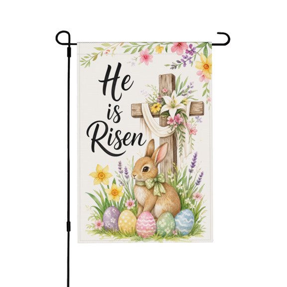 He Is Risen Christian Easter Garden Flag With Bunny Cross And Floral Eggs For Lawn Yard Outdoor Decoration 12x18 in