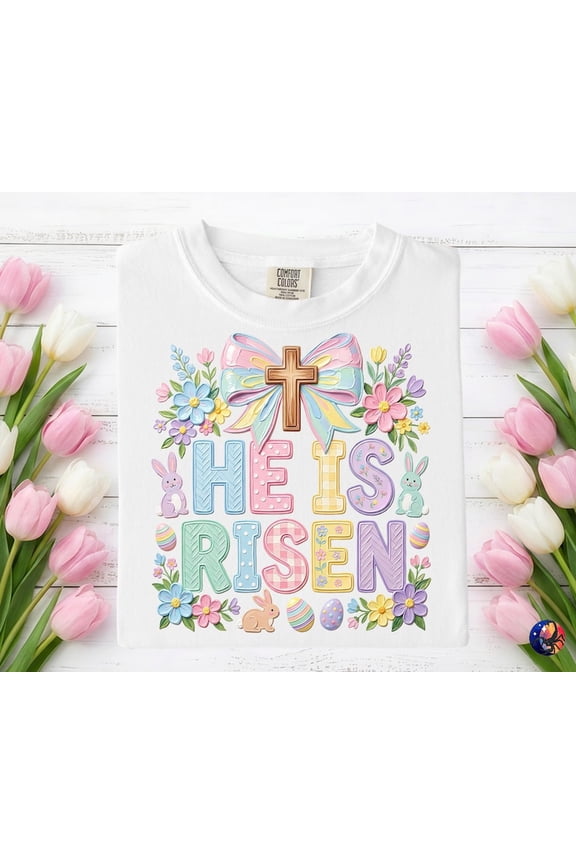 He Is Risen Christian Easter T-Shirt, Floral Cross Religious Spring Shirt for Women, Comfort Colors Unisex Cotton T-Shirt, Size S-3XL