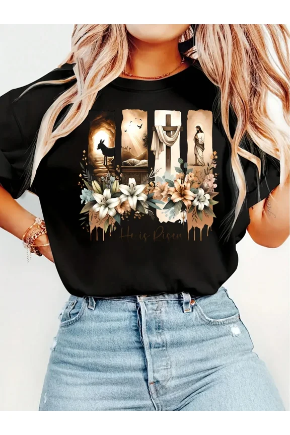He Is Risen Christian Easter T-Shirt Religious Faith Floral Aesthetic Graphic Tee Retro Spiritual Apparel for Men Women