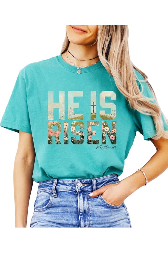 He Is Risen Christian Shirt for Women - Easter Faith Graphic Tee Seafoam Shirt Adult Small