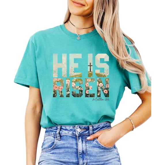 He Is Risen Christian Shirt for Women - Easter Faith Graphic Tee Seafoam Shirt Adult X-Large