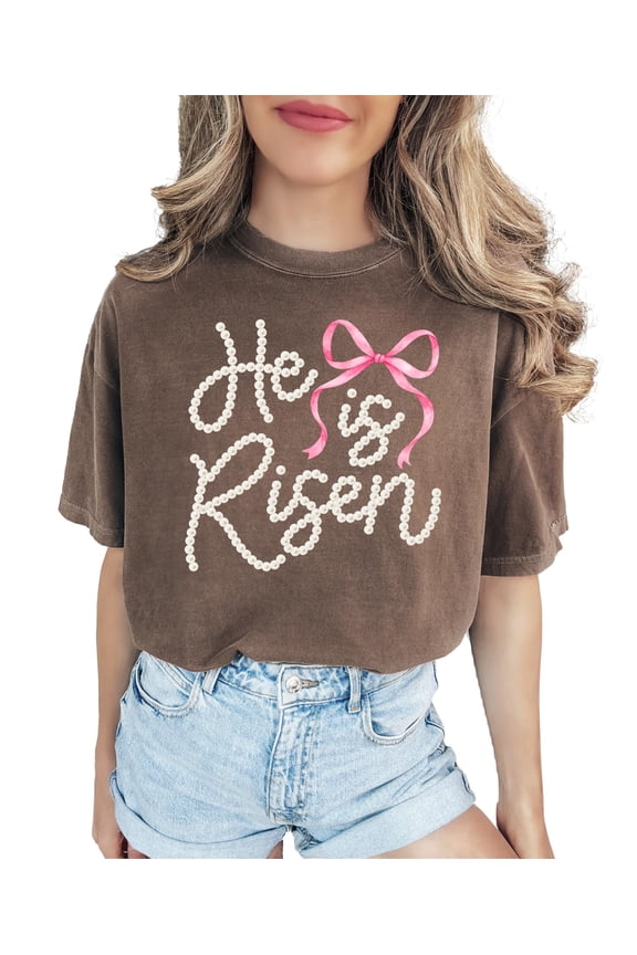He Is Risen Christian Shirt for Women - Pearl Bow Easter Faith Graphic Tee Espresso Shirt Adult Small