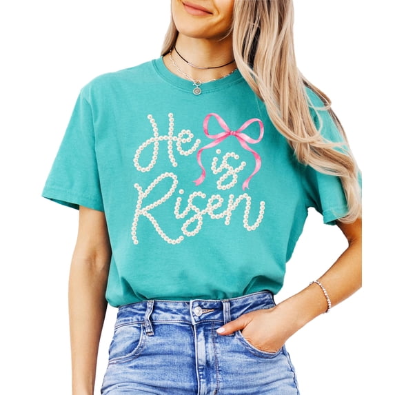 He Is Risen Christian Shirt for Women - Pearl Bow Easter Faith Graphic Tee Seafoam Shirt Adult 2X-Large