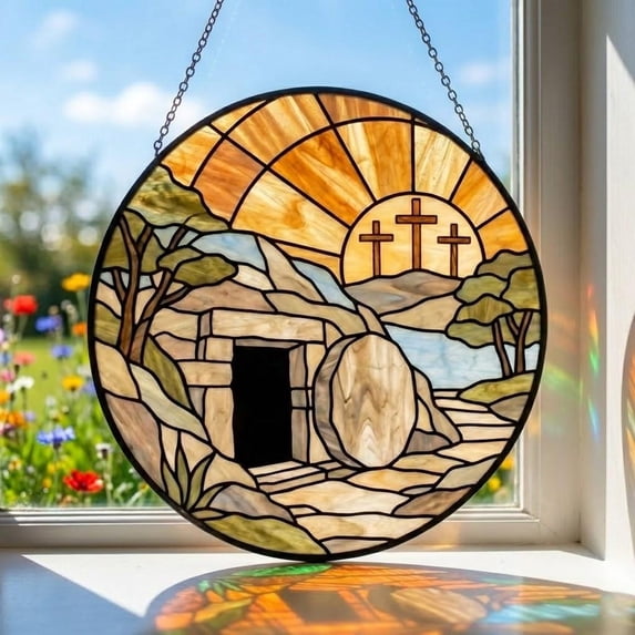 He Is Risen Christian Suncatcher, Trendy Faith-Based Home Decor, Jesus Christ Portrait Window Art, 7.9 in