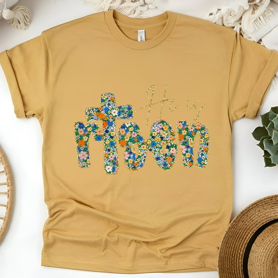 He Is Risen Colorful Flower Print T-Shirt | Unisex Religious Inspirational Shirt, Gold, Size L