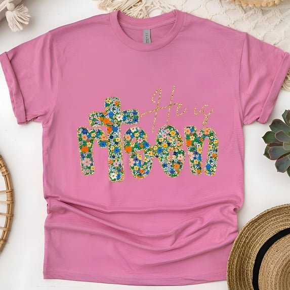 He Is Risen Colorful Flower Print T-Shirt | Unisex Religious Inspirational Shirt, Heliconia, Size L