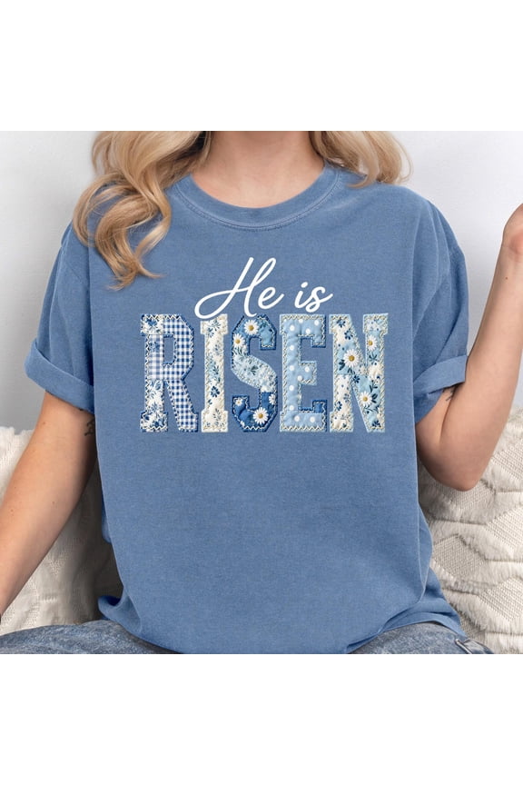 He Is Risen Comfort Shirt Blue toile Christian Easter Tee Matthew 28 6 Scripture TShirt Fl