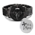 thumbnail image 1 of He Is Risen Cross Engraved Bible Verse Men's Watch Multifunction Stainless Steel W Copper Dial, 1 of 20