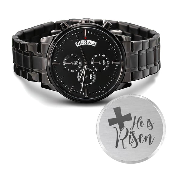 He Is Risen Cross Engraved Bible Verse Men's Watch Multifunction Stainless Steel W Copper Dial