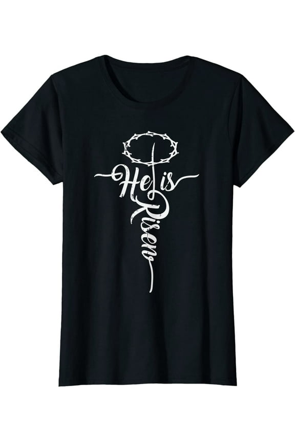 He Is Risen Cross Jesus Religious Easter Day Christians T-Shirt for Women Black 2X-Large