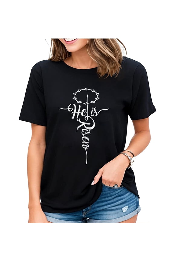 He Is Risen Cross Jesus Religious Easter Day Christians T-Shirt for Women Black Small