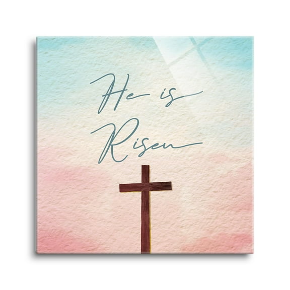 He Is Risen Cross Pink Fade Blue 8 x 8 Glass Wall Hanging Sign