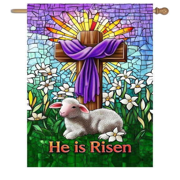 He Is Risen Double Sided Garden Flags, Easter Cross Lamb Stained Glass House Flags for Outside, Outdoor Flags for House 28 x 40 Inch Yard Flag