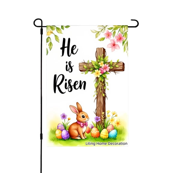 He Is Risen Easter Cross Bunny And Eggs Garden Flag For Home Outdoor Garden Yard Decor 12x18 Inch