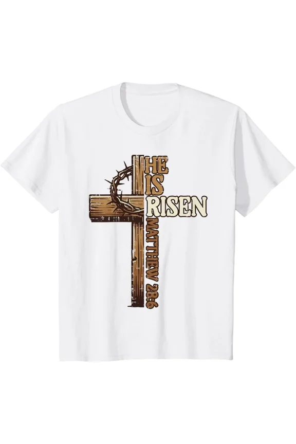 He Is Risen Easter Cross Jesus Faith Graphic Crew Neck Tee, Christian Easter Casual T-Shirt for Men Women Youth