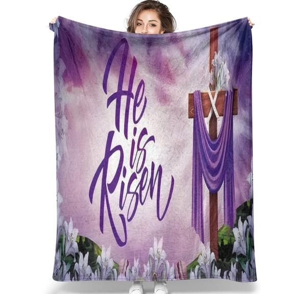 He Is Risen Easter Cross & Lily Flannel Throw Blanket - Soft Inspirational Purple Religious Blanket for Church & Home Decor