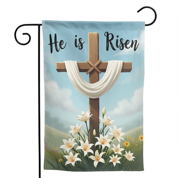 He Is Risen Easter Cross Polyester Garden Flag 12.5x18 Inch - Double-Sided Christian Faith Farmhouse Yard & Porch Decor