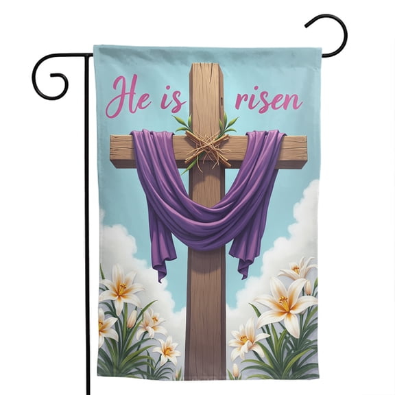 He Is Risen Easter Cross Polyester Garden Flag 12.5x18 Inch - Double-Sided Lily Spring Farmhouse Yard Decoration