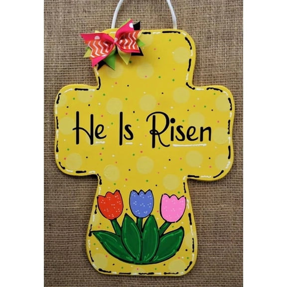 He Is Risen Easter Cross Sign Wall Art Door Hanger Plaque Tulips Spring Decor