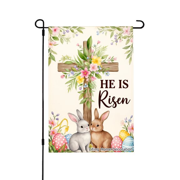 He Is Risen Easter Cross With Bunnies And Eggs Garden Flag For Home Outdoor Garden Yard Decor 12x18 Inch