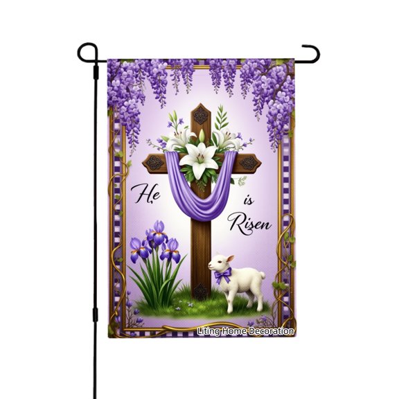 He Is Risen Easter Cross With Lamb And Lilies Garden Flag For Home Outdoor Garden Yard Decor 12x18 Inch
