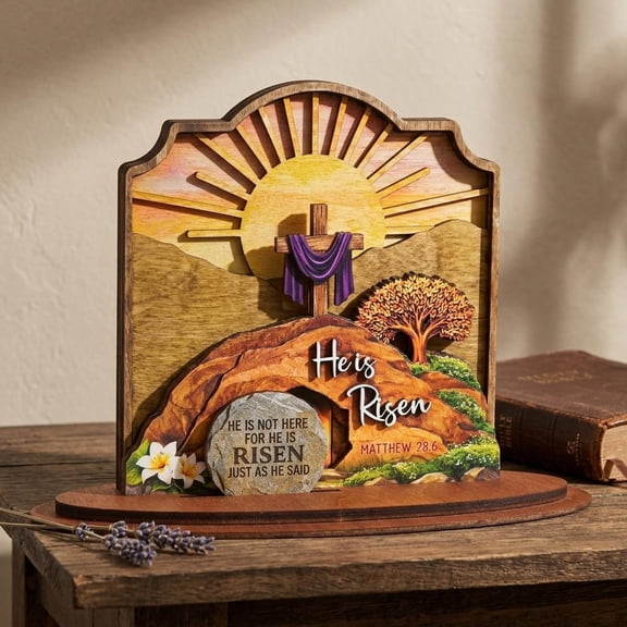 He Is Risen Easter Decor, 3-Layer Wooden Empty Tomb Scene with Movable Stone, Religious Easter Decorations for Home Tabletop Shelf