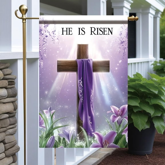 He Is Risen Easter Garden Flag 12x18 Inch Christian Cross with Lilies Religious Spring Outdoor Yard Banner for Resurrection Day