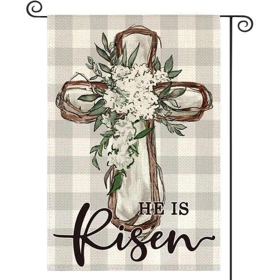 He Is Risen Easter Garden Flag 12x18 Inch Double Sided Outside, Buffalo Plaid Lily Cross Yard Outdoor Decoration