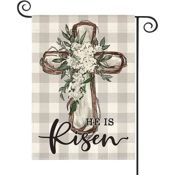 He Is Risen Easter Garden Flag 12x18 Inch Double Sided Outside, Buffalo Plaid Lily Cross Yard Outdoor Flag