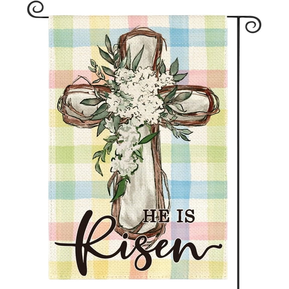 He Is Risen Easter Garden Flag 12x18 Inch Double Sided Outside, Colorful Buffalo Plaid Lily Cross Yard Outdoor Decoration