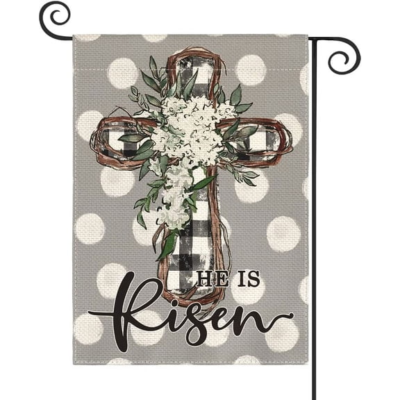 He Is Risen Easter Garden Flag 12x18 Inch Double Sided Outside, Polka Dots Lily Cross Yard Outdoor Flag