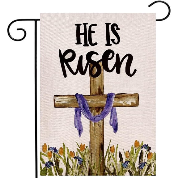 He Is Risen Easter Garden Flag 12x18 Inch Double Sided Watercolor Tulip Outdoor Yard Decoration for Outside