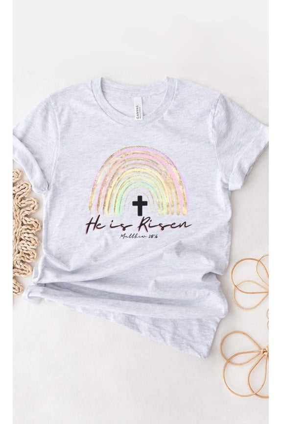 He Is Risen Easter Glitter Rainbow Graphic Tee T-Shirt