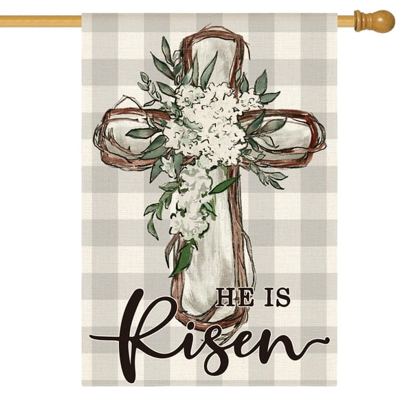 He Is Risen Easter House Flag 28x40 Inch Double Sided, Buffalo Plaid Lily Cross Yard Outdoor Decoration