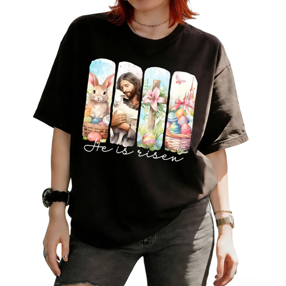 He Is Risen Easter Jesus Bunny Bookstack Graphic Tees T Shirt Tops breathability Short Sleeve Round Neck Black S-5XL