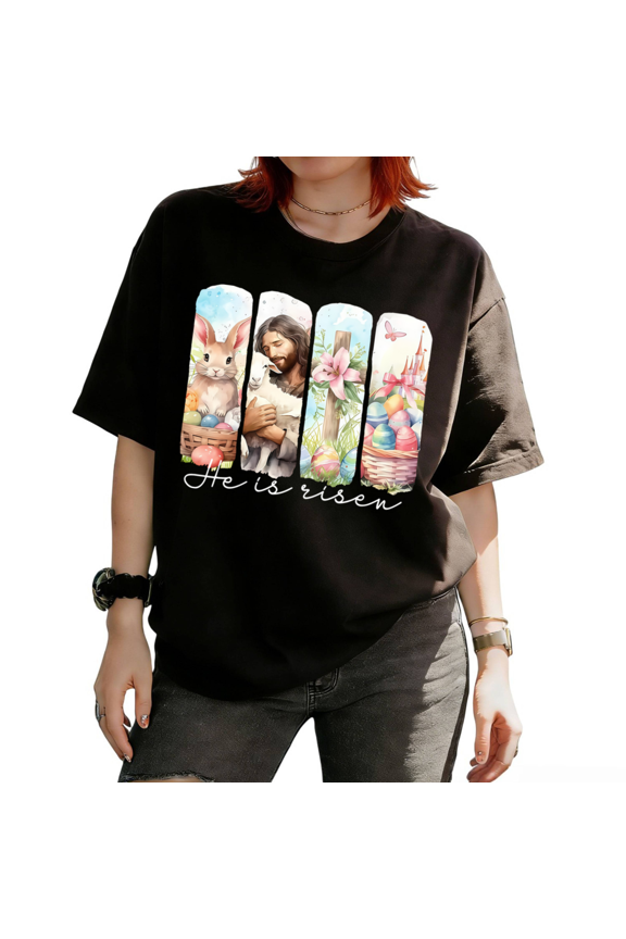 He Is Risen Easter Jesus Bunny Bookstack Graphic Tees T Shirt Tops breathability Short Sleeve Round Neck Black S-5XL