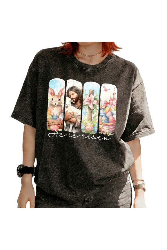 He Is Risen Easter Jesus Bunny Bookstack Graphic Tees T Shirt Tops breathabilityShort Sleeve Black S-2XL Plus Size