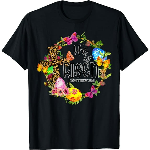 He Is Risen Easter Leopard Cross Bible Verse Pray T-Shirt