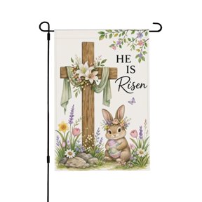He Is Risen Easter Religious Cross Bunnies Flowers Garden Flag for Yard and Farmhouse Outdoor Decor 12x18 in