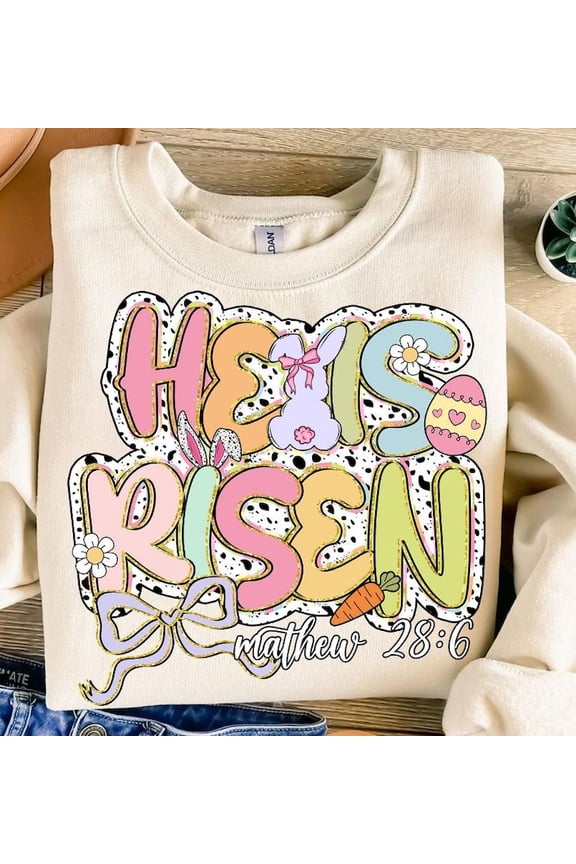 He Is Risen Easter Sweater, Christian Coquette Glitter Bunny Jesus Bible Verse Spring Sweatshirt