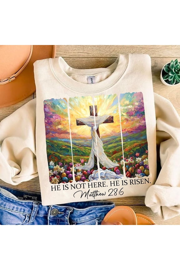 He Is Risen Easter Sweater, Wildflower Boho Christian Spring Brushstroke Jesus Sweatshirt
