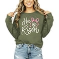 thumbnail image 1 of He Is Risen Easter Sweatshirt for Women - Pearl Bow Christian Faith Pullover Army Green Sweatshirt Adult Small, 1 of 7