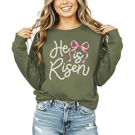 He Is Risen Easter Sweatshirt for Women - Pearl Bow Christian Faith Pullover Army Green Sweatshirt Adult Small