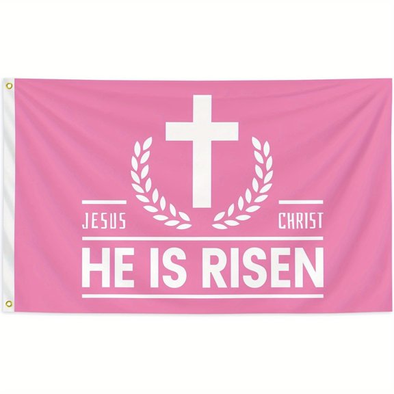 He Is Risen Flag Christian Cross Pink Polyester Wall Banner for Easter Events and Home Decor 3*5ft