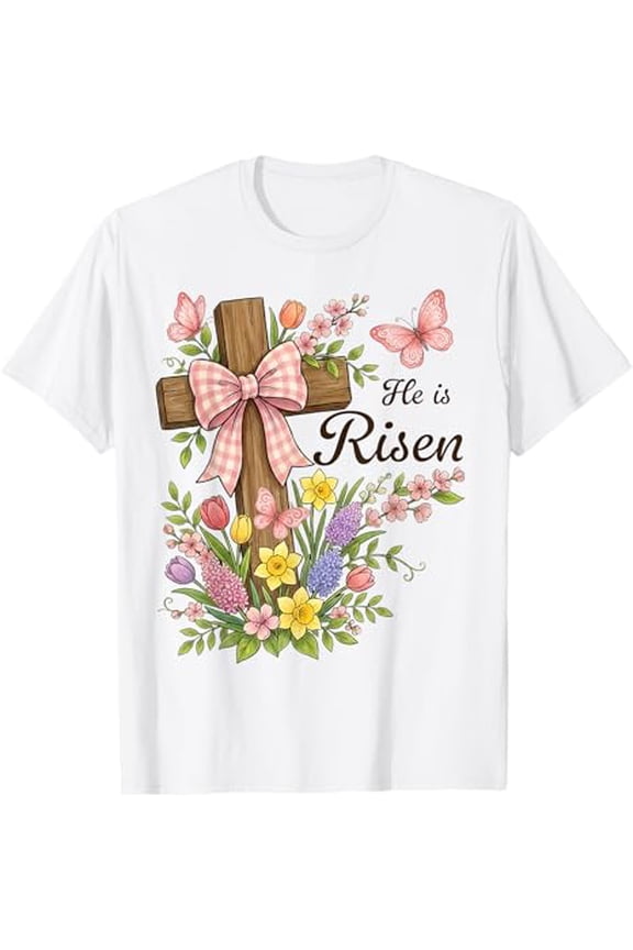 He Is Risen Floral Cross Butterfly Religious Easter Graphic Tee, Comfort Colors Unisex Cotton T-Shirt, Size S-3XL