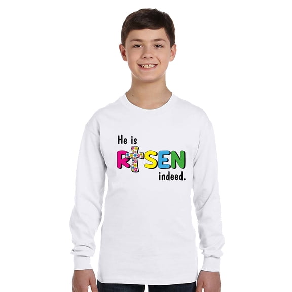 He Is Risen Indeed Easter Long Sleeve Shirts for Kids - Youth XS S M L XL - Happy Easter Holiday Christian Tee for Boys for Girls