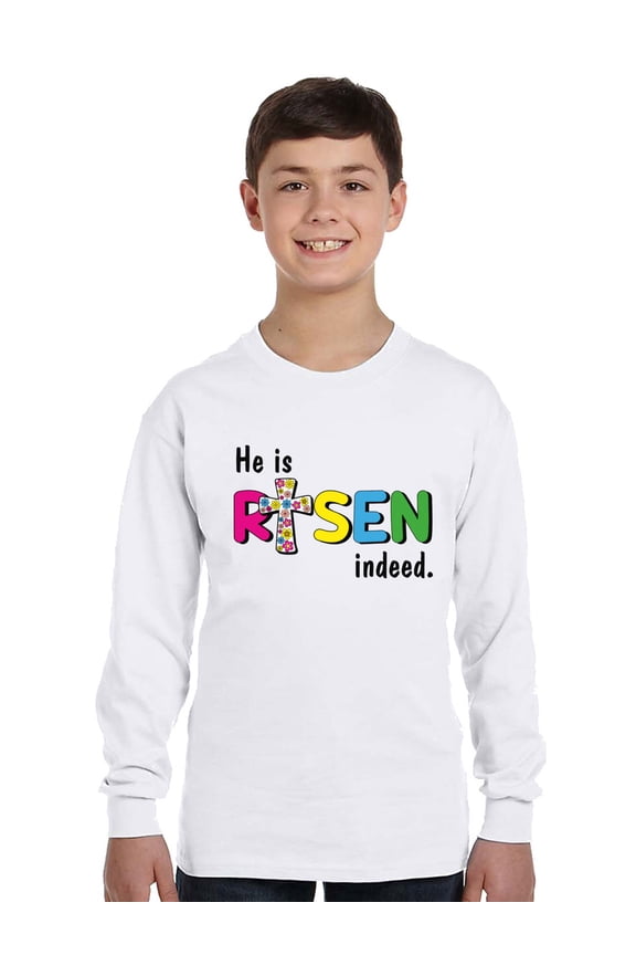He Is Risen Indeed Easter Long Sleeve Shirts for Kids - Youth XS S M L XL - Happy Easter Holiday Christian Tee for Boys for Girls