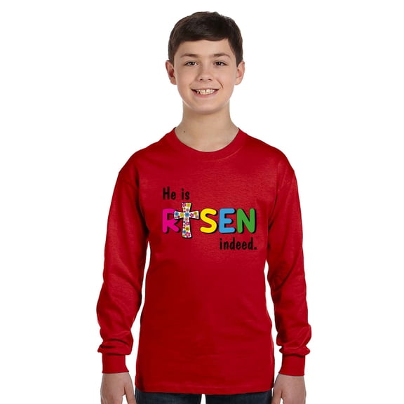 He Is Risen Indeed Easter Long Sleeve Shirts for Kids - Youth XS S M L XL - Happy Easter Holiday Christian Tee for Boys for Girls