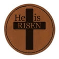 thumbnail image 1 of He Is Risen Jesus Christ Cross Easter Christianity Round Iron-On Engraved Faux Leather Patch Applique - 2.5 Inch - Brown, 1 of 6
